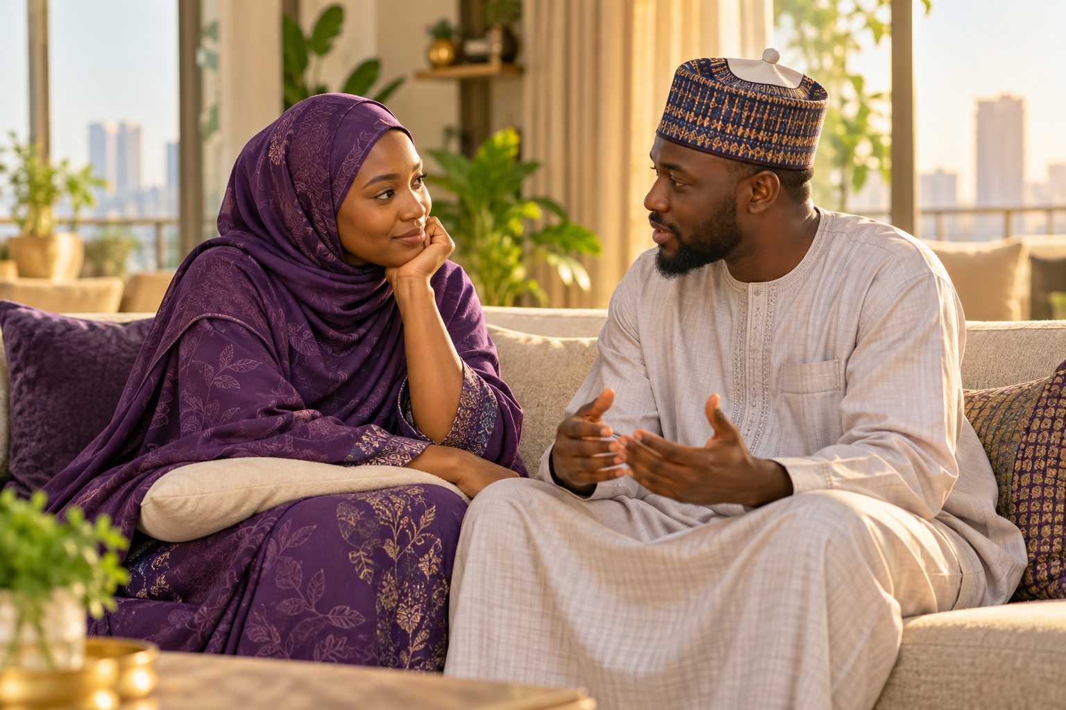 Illustrative image of a Muslim couple talking attentively at home