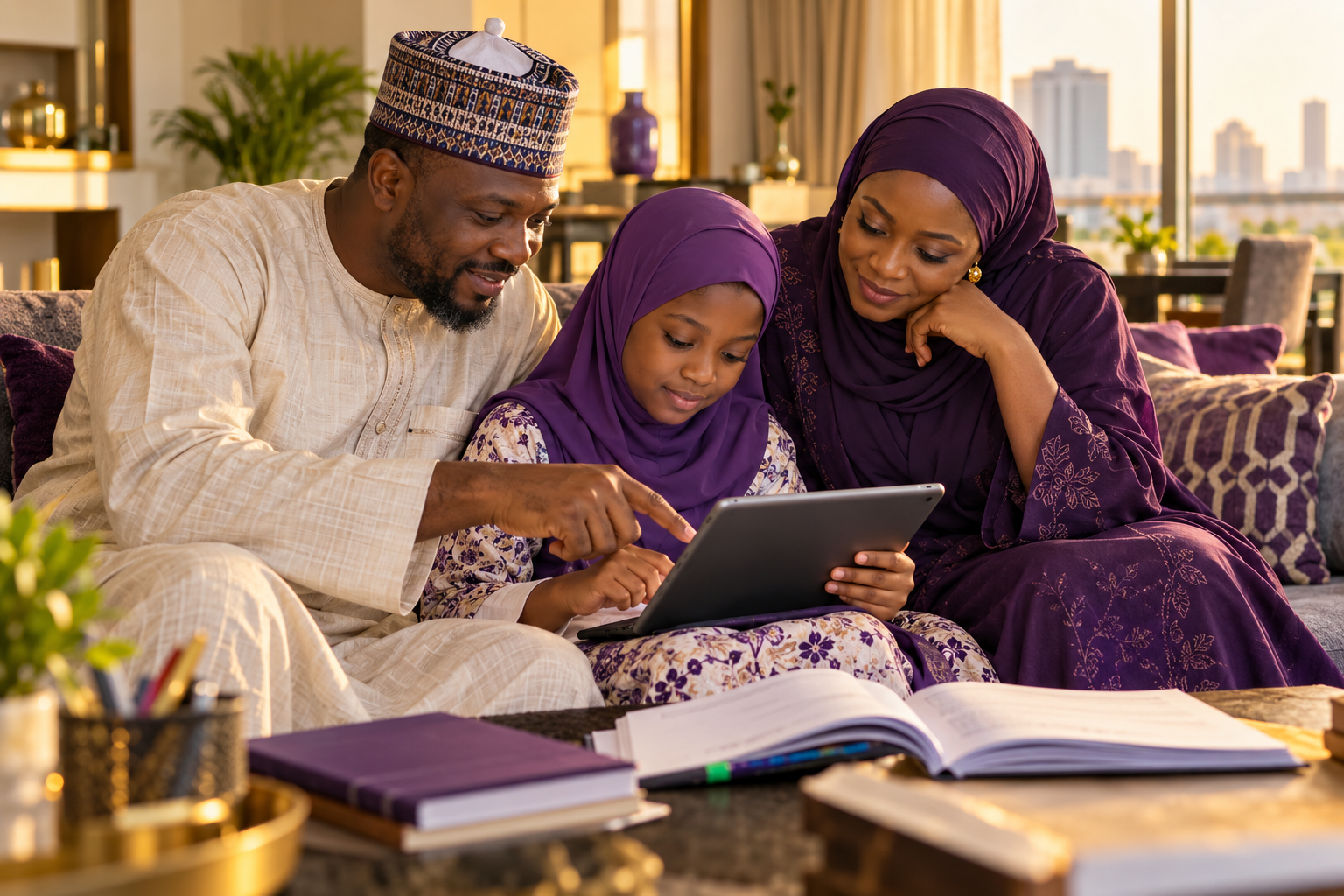 Illustrative image of Muslim parents guiding their child with a tablet and books
