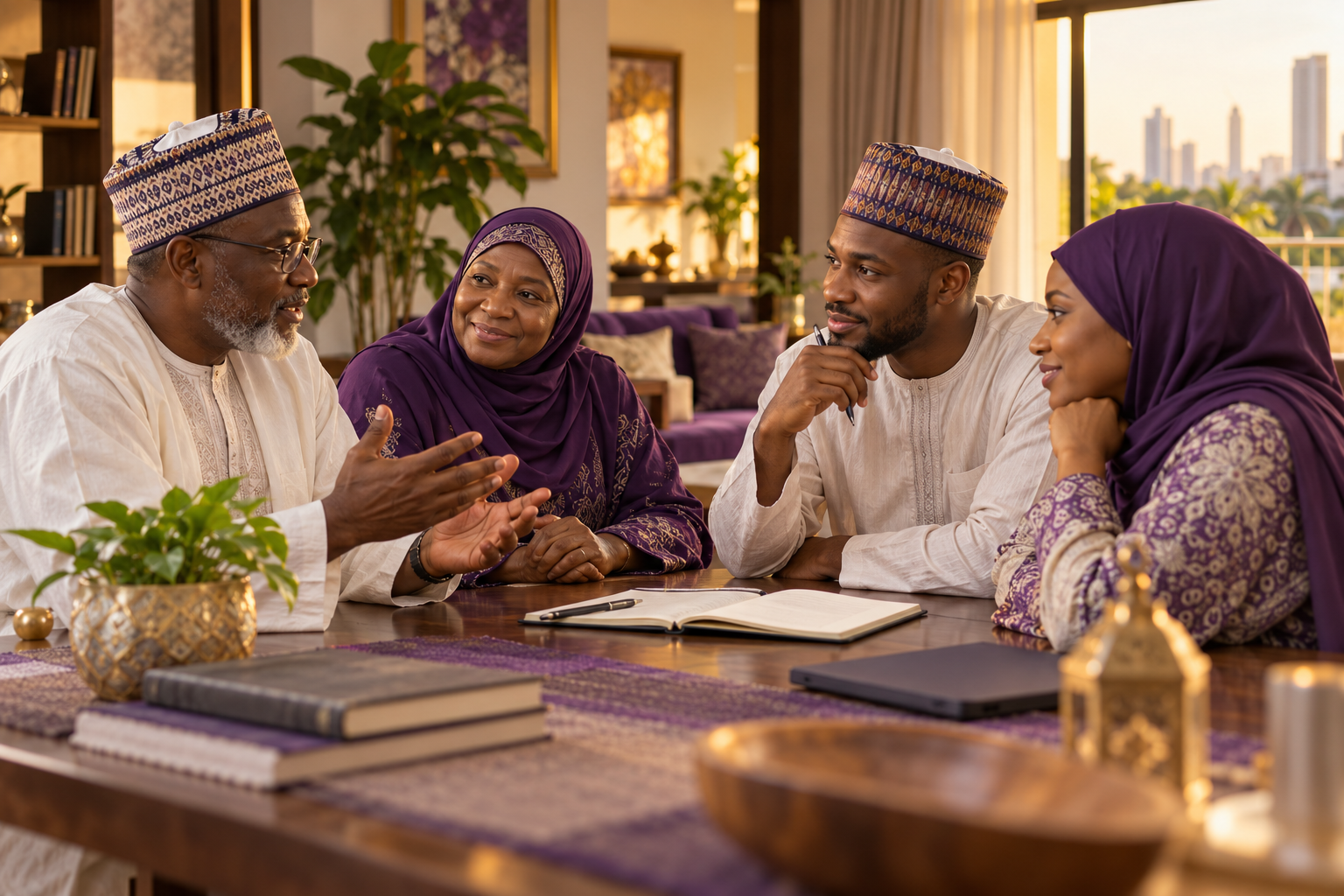 Illustrative image of two generations of a Muslim family discussing future plans